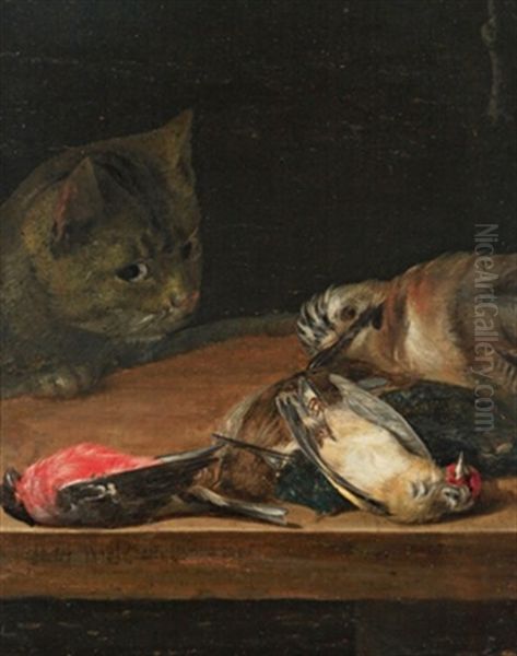 Erlegte Singvogel Mit Katze Oil Painting by Pieter Boel