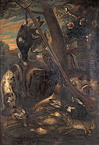 Stilleben Med Bossa, Jakthorn, Hund Och Jaktbyte Oil Painting by Pieter Boel