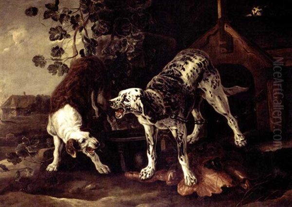 Landscape With Two Hounds Fighting Before A Kennel Oil Painting by Pieter Boel