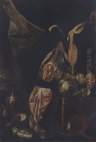 A Still Life With Armour, A Silver-gilt Cup, A Copper Jug, A Silver Bowl And A Pink Cloth Oil Painting by Pieter Boel