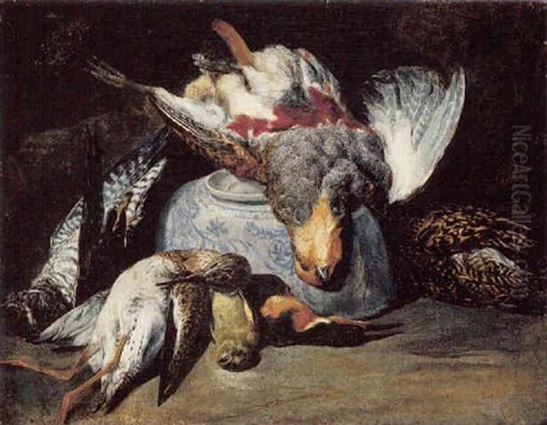 Still Life Of A Partridge, Hawk, Snipe, Goldfinch And Kingfisher, Together With An Upturned Porcelain Bowl by Pieter Boel