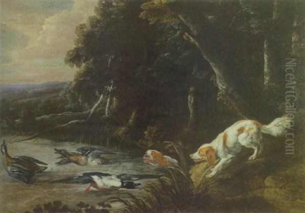 Epagneuls, Canards Et Colverts Sur Fond De Paysage Oil Painting by Pieter Boel