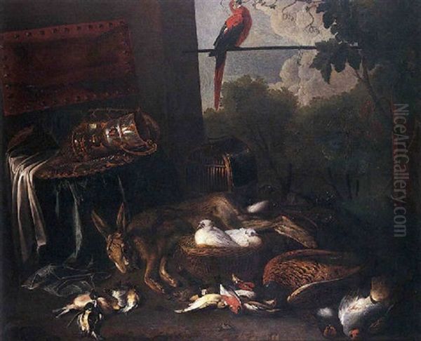 Nature Morte Au Gibier, Pieces D'orfevrerie Et Perroquet Oil Painting by Pieter Boel