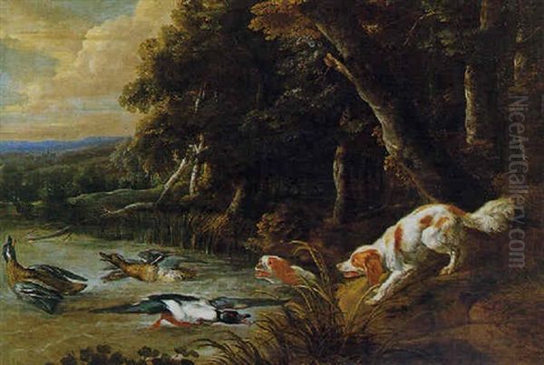 Epagneuls, Canard Et Colverts Sur Fond De Paysage Oil Painting by Pieter Boel