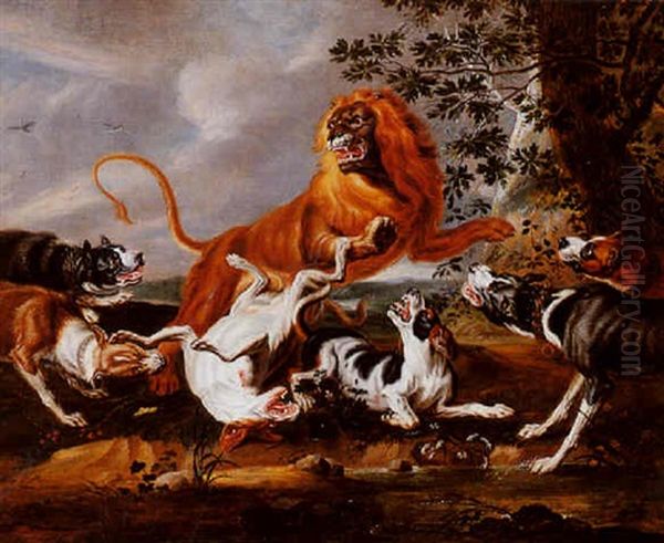 Hounds Attacking A Lion Oil Painting by Pieter Boel