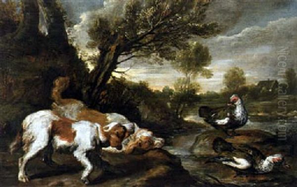 Jagdhunde Und Wildenten In Einer Fluslandschaft Oil Painting by Pieter Boel