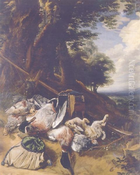 A Dead Hare, Ducks And Falcons, With A Powder Bag, A Bird Cage And A Rifle In A Wooded Landscape Oil Painting by Pieter Boel