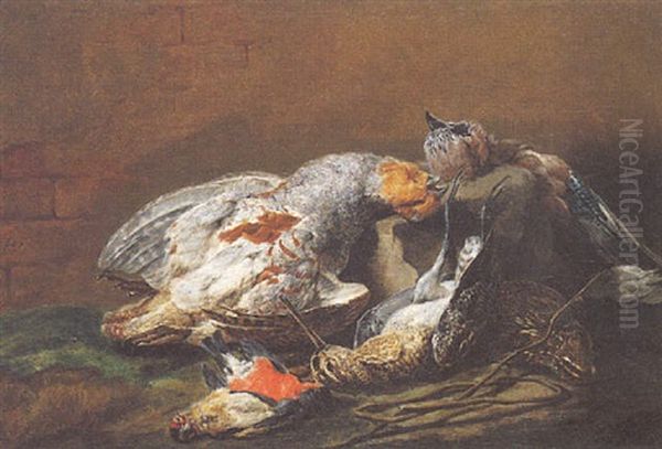 Nature Morte A La Becassine, Perdreau Gris, Caille Et Geai Sur Un Entablement Oil Painting by Pieter Boel