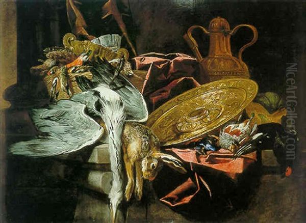 Still Life Of A Gamebirds And A Rabbit With An Embossed Platter All Resting On A Table by Pieter Boel