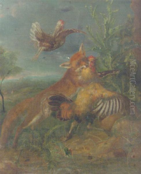 A Fox Chasing A Cockerell By A Thistle In A Landscape Oil Painting by Pieter Boel