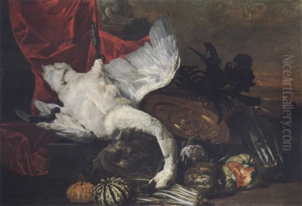 Elaborate Still Life With Fruits, Vegetables, A Salver And A Swan Before A Draped Pedestal, A Landscape Beyond Oil Painting by Pieter Boel