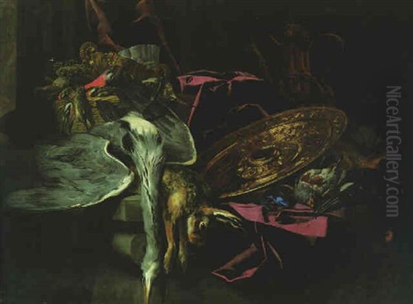 A Dead Hare, A Heron, A Snipe And Finches In A Basket, A Charger, An Ewer, A Melon, A Partridge And A Blackcock On A Ledge Draped With A Curtain By A Column Oil Painting by Pieter Boel