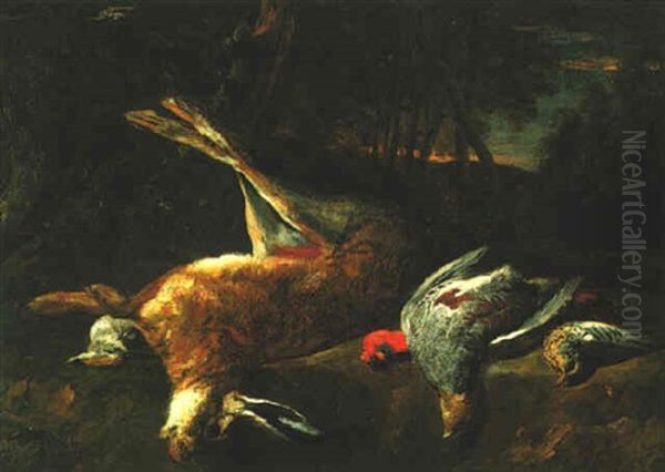 A Wooded Landscape With A Still Life Of Hare, Partridge And Other Birds Oil Painting by Pieter Boel