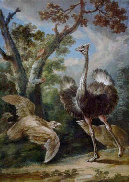 An Ostrich And Three Eagles In A Landscape Oil Painting by Pieter Boel