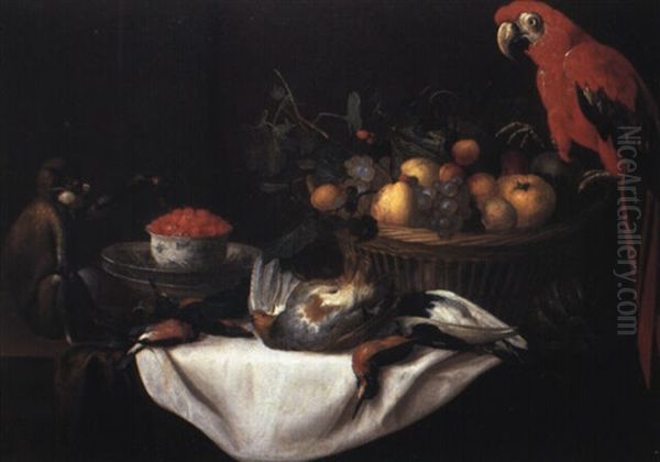 Nature Morte Au Panier De Fruits, Singe Et Perroquet Oil Painting by Pieter Boel