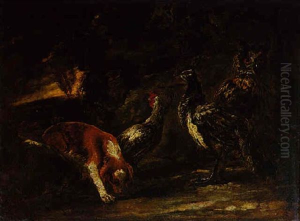 Ein Uhu, Ein Pfau, Ein Huhn Und Ein Jagdhund In Einer       Abendlichen Landschaft by Pieter Boel