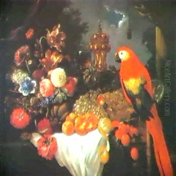 Still Life Of Fruit, Flowers And Macaw Oil Painting by Pieter Boel