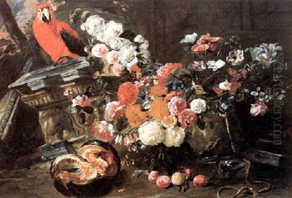 Roses, Hydrangeas, Marigolds, Hollyhocks, Lilies And Other  Flowers With A Melon, Plums And A Parrot By Architectural Oil Painting by Pieter Boel