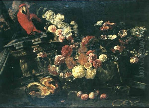 Floral Still Life With A Parrot Oil Painting by Pieter Boel