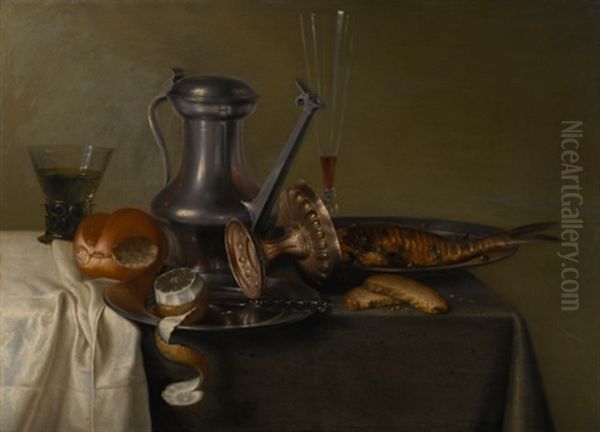 Still Life With Jan Steen Jug And Other Vessels, With A Fried Fish And A Bread Roll Upon A Draped Table Oil Painting by Maerten Boelema De Stomme