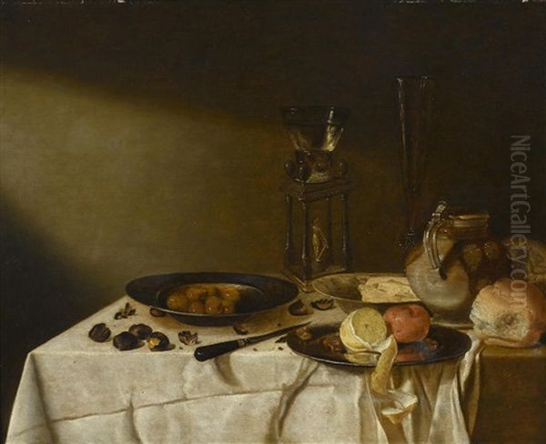 Still Life With Roemer, Pitcher, Nuts And Fruit On Pewter Platters Oil Painting by Maerten Boelema De Stomme