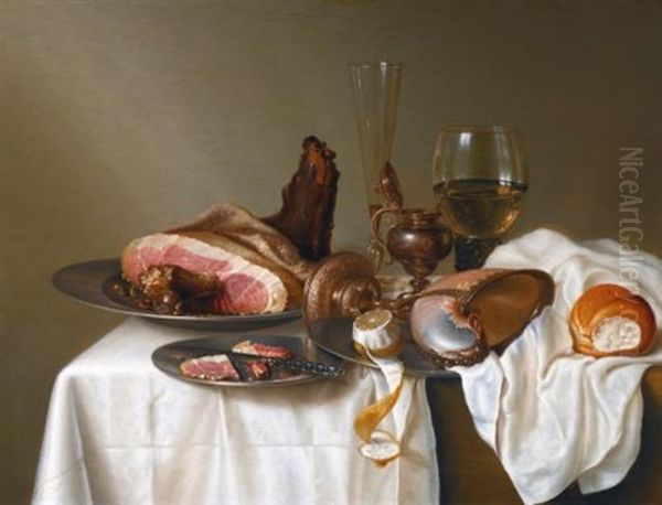 Still Life With A Ham, A Glass And A Nautilus Cup On A Table Draped With A White Cloth Oil Painting by Maerten Boelema De Stomme