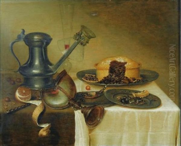 Nature Morte Au Pichet, Citron, Tourte Et Vase Nautile Sur Un Entablement De Bois Oil Painting by Maerten Boelema De Stomme