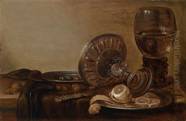 Ein Stillleben Mit Einem Umgesturzten Silberpokal Und Einem Romer Oil Painting by Maerten Boelema De Stomme