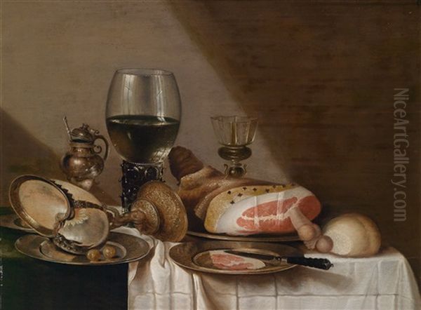 Ein Stillleben Mit Einem Romer, Einem Schinken Und Einem Gesturzten Nautiluspokal Oil Painting by Maerten Boelema De Stomme