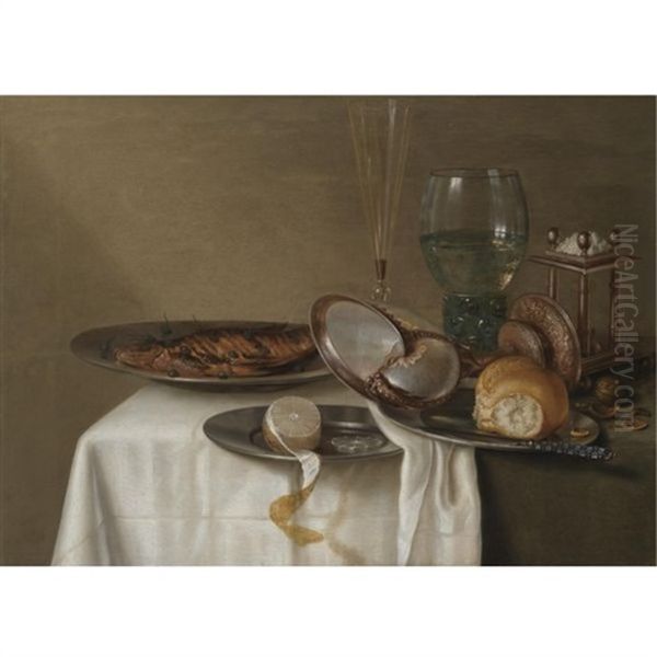 A Still Life With A Half-peeled Lemon On A Pewter Dish, A Dried Fish With Capers, A Wine Glass, Roemer, Triangular Salt Cellar And A Nautilus-shell Cup On A Table Oil Painting by Maerten Boelema De Stomme