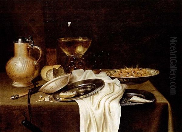 A Still Life With A Stoneware Jug, A Flute, A Roemer, Shrimps, Bread And Tobacco On Pewter Plates, Shrimps In A Wan-li Porcelain Bowl, Together With A Knife, All On A Draped Table Oil Painting by Maerten Boelema De Stomme