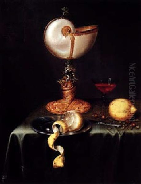 Still Life With A Nautilus Cup, A Peeled Lemon On A Pewter Plate, Nuts, A Knife, A Glass, All On A Table Draped With A Green Cloth Oil Painting by Maerten Boelema De Stomme