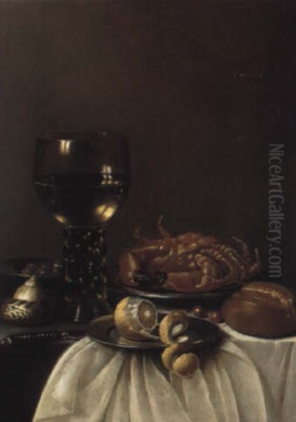 Nature Morte Au Plat D'argenterie, Verre Rohmer Et Crabe Sur Un Entablement Oil Painting by Maerten Boelema De Stomme