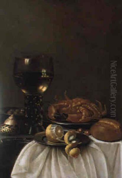 Stilleben Mit Weinglas, Geschalter Zitrone Und Einer Krabbe Oil Painting by Maerten Boelema De Stomme