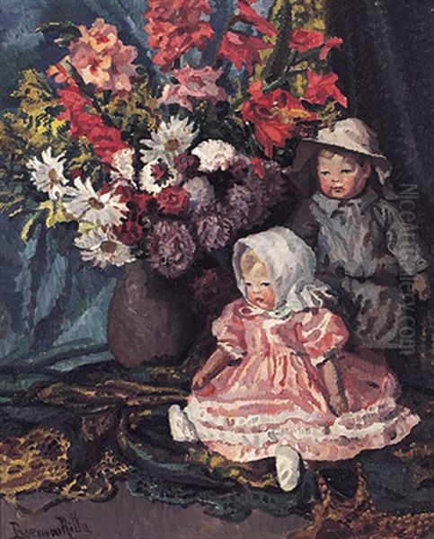 Bunter Blutenstraus Und Zwei Puppen, Malerisch Arrangiert Im Sonnigen Licht Oil Painting by Ritta Boemm