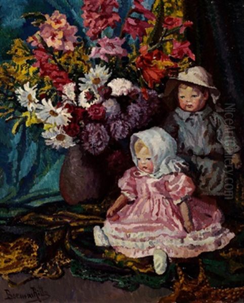 Stilleben Mit Blumenstraus Und Puppen Oil Painting by Ritta Boemm