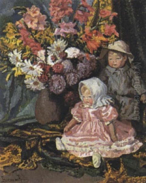 Stilleben Mit Blumenstraus Und Puppen Oil Painting by Ritta Boemm