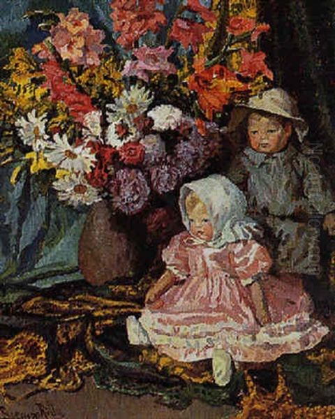 Stilleben Mit Blumenstraus Und Puppen Oil Painting by Ritta Boemm