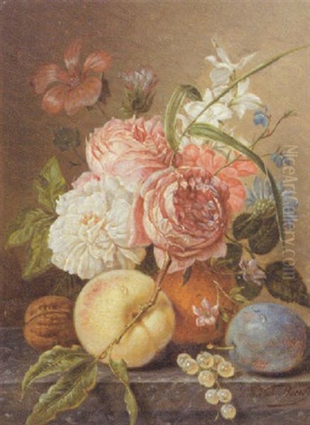 A Still Life With Roses, A Plum, A Peach And Walnut On A Stone Ledge Oil Painting by Sebastiaan Theodorus Voorn Boers