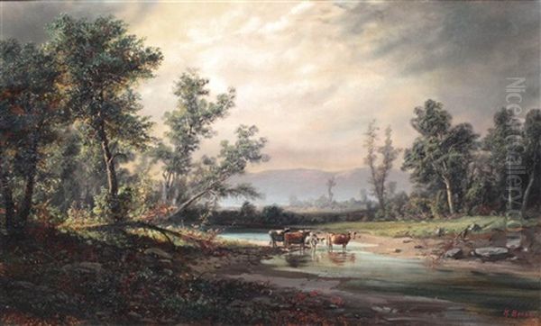 Cows Wading Through Water Oil Painting by Henry Boese