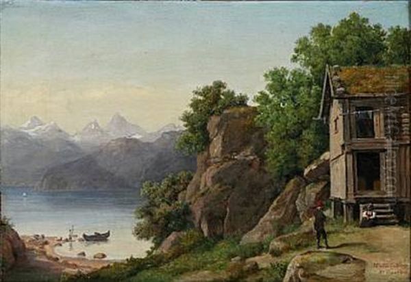 Norwegian Landscape At A Fjord. In The Foreground An Old Farmhouse Oil Painting by August Wilhelm Boesen