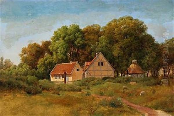 Summer Idyll With Danish Farmhouses Oil Painting by August Wilhelm Boesen