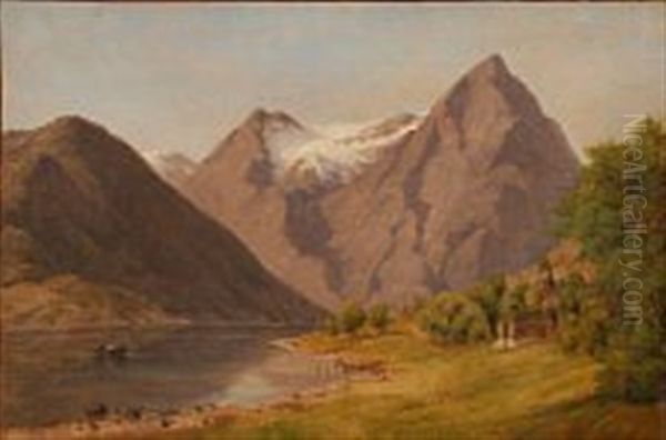 Cottages By A Lake In The Alps Oil Painting by August Wilhelm Boesen