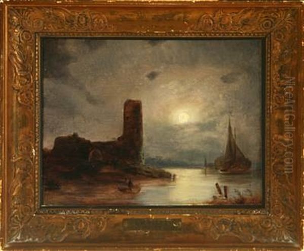 Coastal Scenery With Ruined Castle In Moonlight Oil Painting by August Wilhelm Boesen