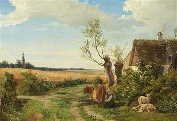 Landlig Idyl Ved Et Bondehus Oil Painting by August Wilhelm Boesen