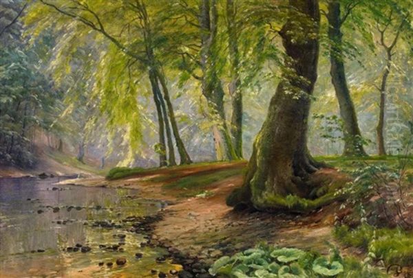 Ved Aaen I Skoven Ved Lellinge. Im Wald Bei Lellinge (sudl. Von Kopenhagen) Oil Painting by Johannes Boesen