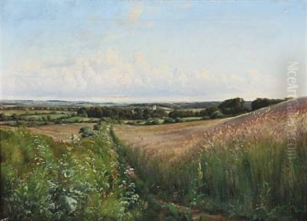 Danish Summer Landscape With A Church Oil Painting by Johannes Boesen