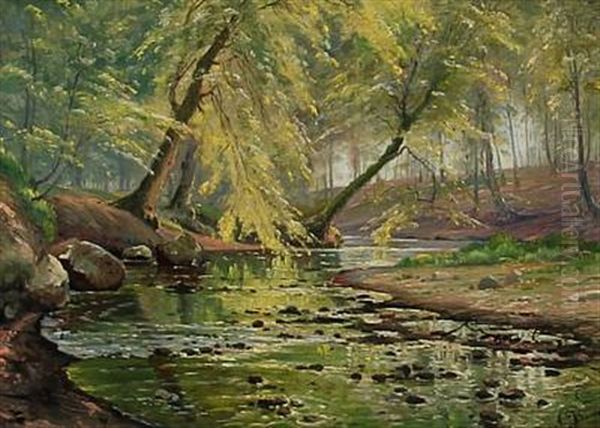 Foraar - Koge Aa (spring Day At Koge Stream) Oil Painting by Johannes Boesen