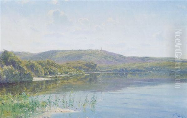 A Tranquil Lake Landscape Oil Painting by Johannes Boesen