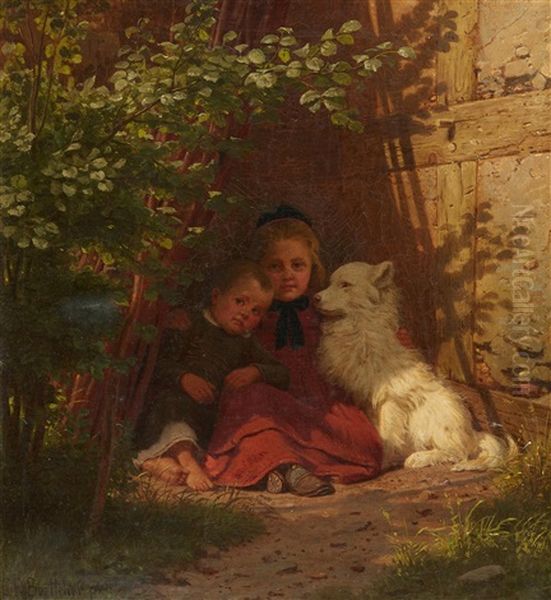 Two Children And A Dog Sitting In The Shade Oil Painting by Christian Eduard Boettcher